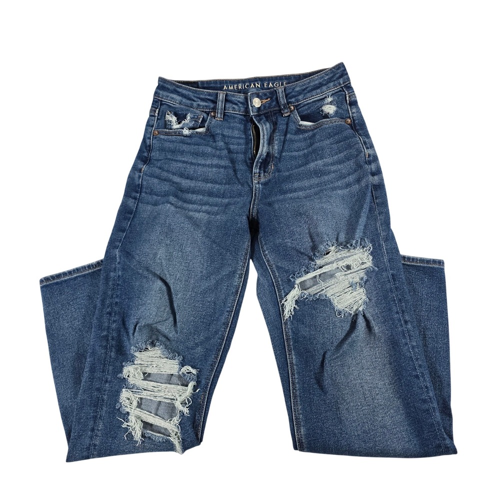 American Eagle Women 4 Mom Straight Jean Medium Wash Distressed Ripped Stretch